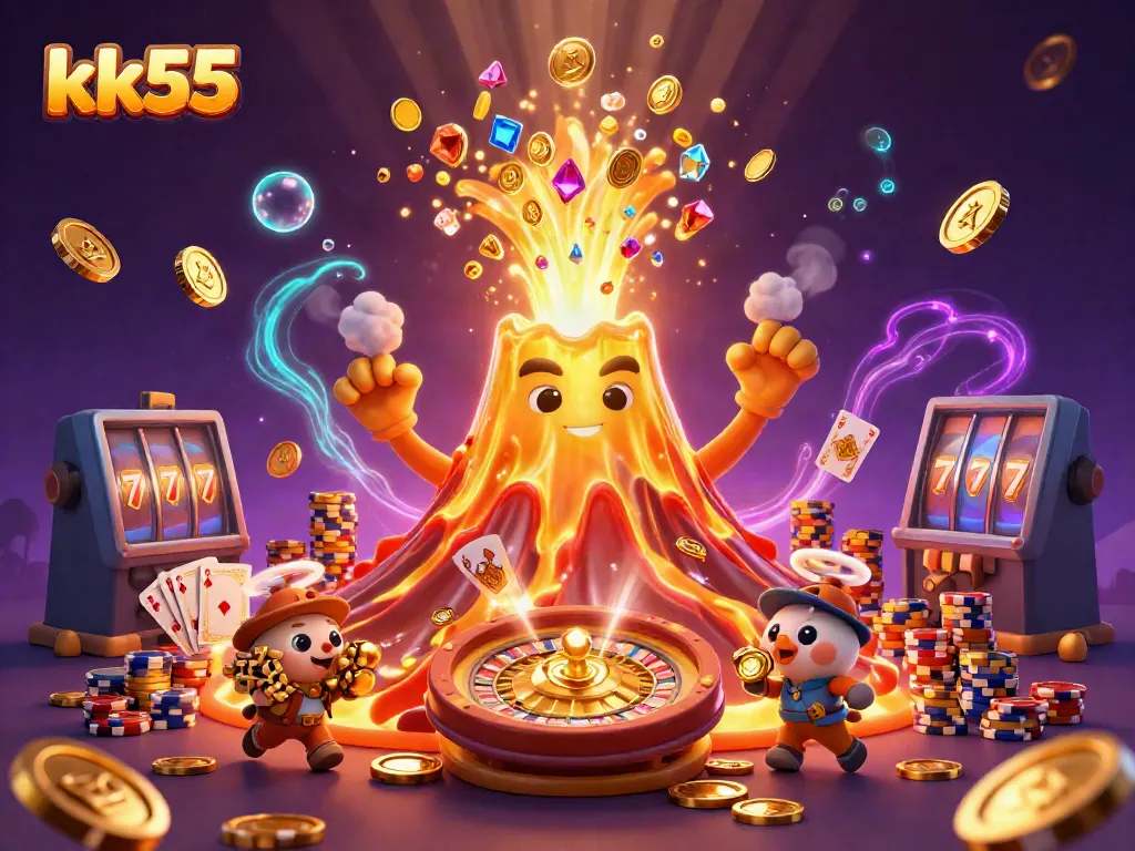 Spin the thrilling reels at kk55's vibrant online casino, featuring a golden volcano erupting treasures.