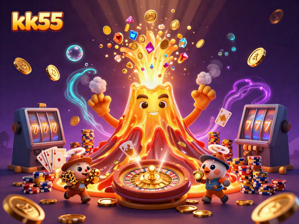 Spin the thrilling reels at kk55's vibrant online casino, featuring a golden volcano erupting treasures.
