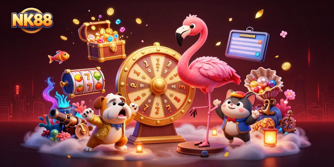 NK88 spins the golden prize wheel in an exciting 3D casino scene filled with vibrant elements.