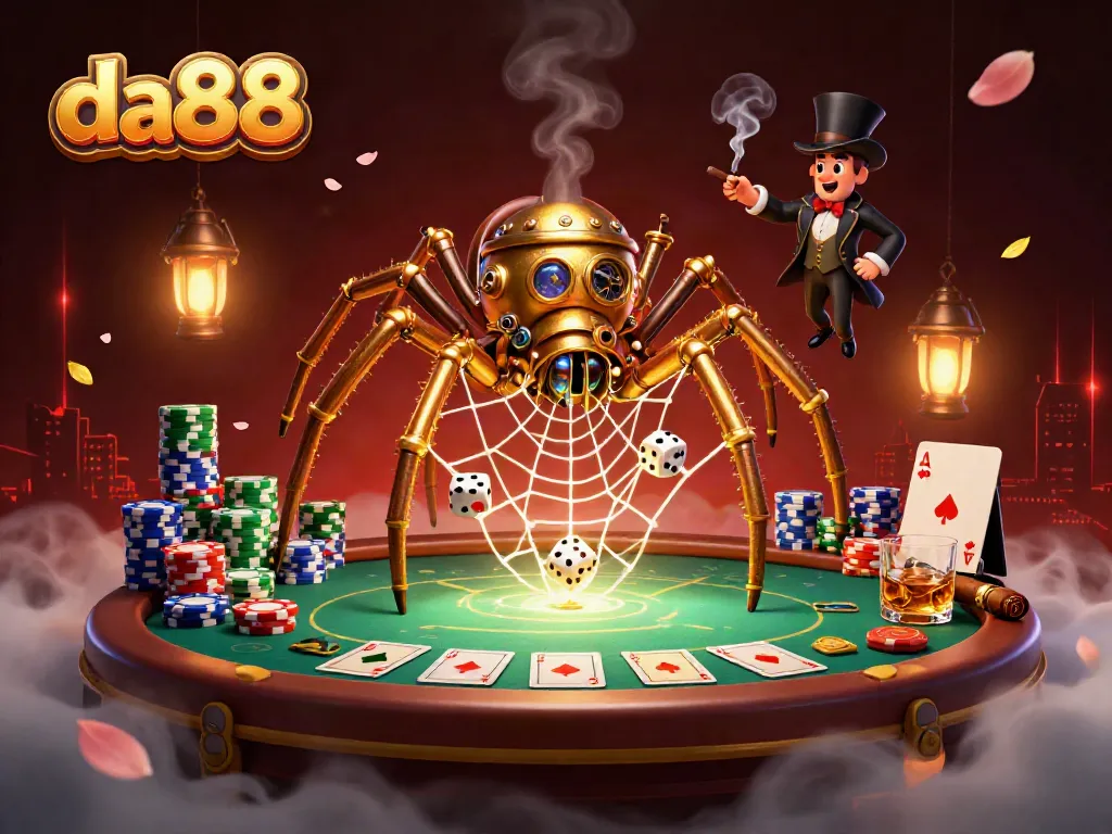 Engage in thrilling bets at da88 with an ultra-detailed casino illustration featuring steampunk elements and vibrant game items.