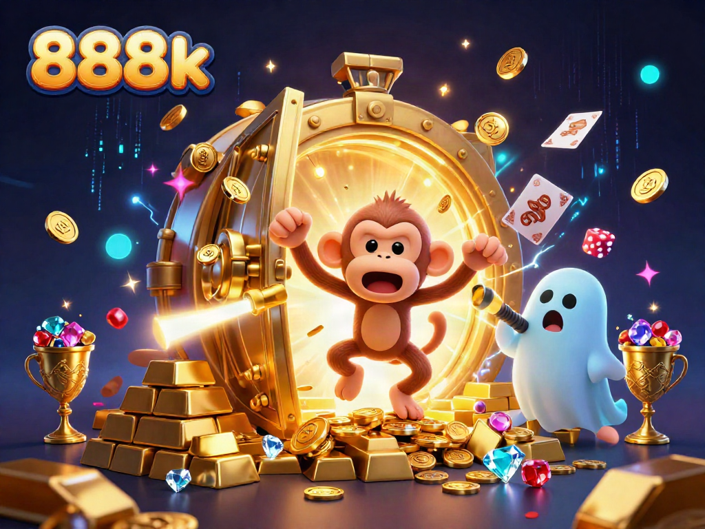 Engage in exhilarating gaming at 888k with a whimsical poltergeist monkey and ghost-hunter puppy in a treasure-filled casino.