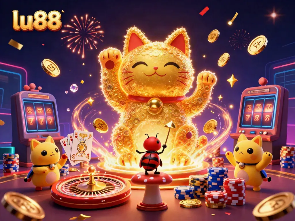 Experience the excitement of lu88 with golden fireflies, lucky symbols, and festive casino elements