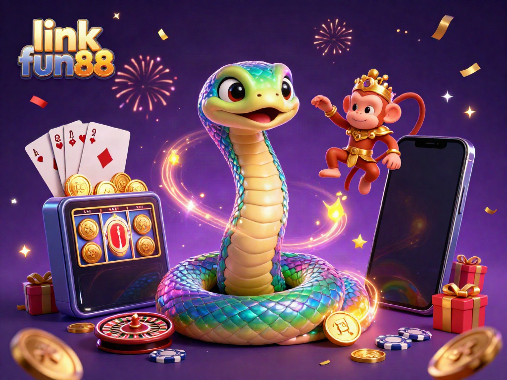 Experience thrilling games with link fun88 in this vibrant casino-themed digital illustration featuring a rainbow serpent and monkey king.