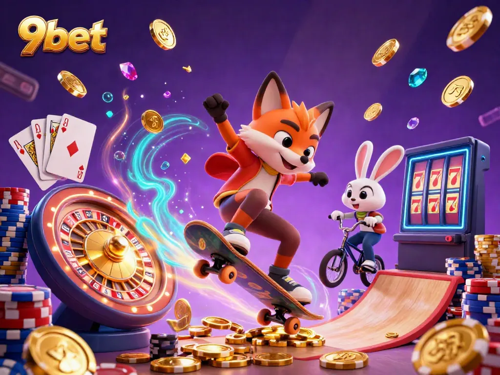 Engage in thrilling gameplay with 9bet featuring a vibrant scene of a skateboarder fox and BMX rabbit amidst dynamic casino elements.