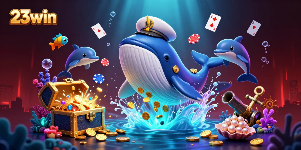 Engage with 23win's thrilling casino adventure featuring playful dolphins and a 3D whale amidst vibrant treasure.