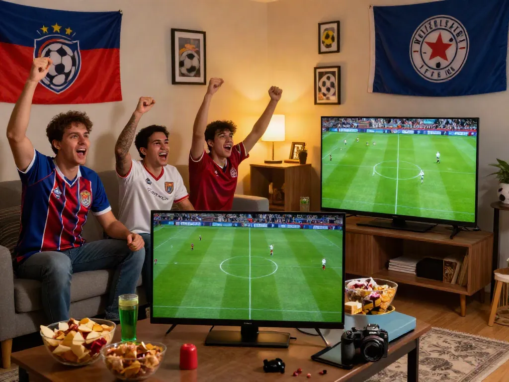 Fans enjoying live football match at home, celebrating with snacks and drinks, showcasing excitement on https://xoilactvx.me/.