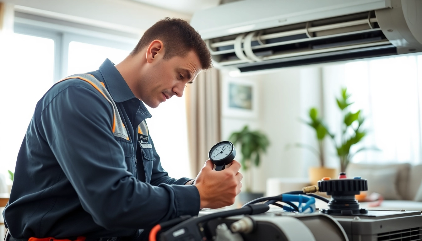 AC Repair Tampa services performed by an expert in a bright, residential living room.