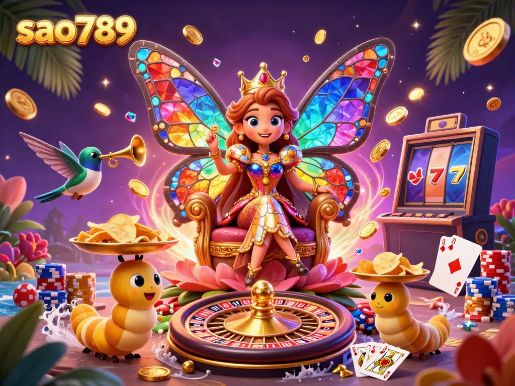 Experience the vibrant energy of sao789 casino games with a butterfly queen and casino elements.