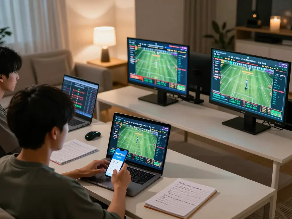 Person placing live bets on the god55vn platform during a sports event in a home setting