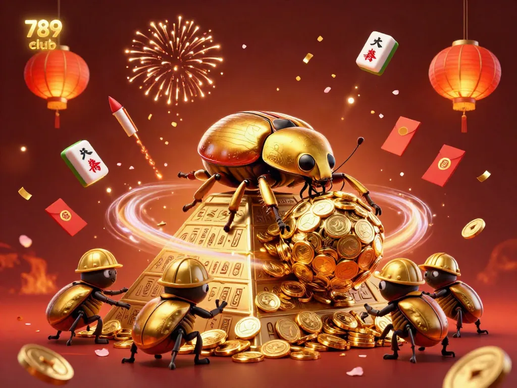 Experience the excitement of the 789 club with a vivid illustration of golden beetles and casino symbols.