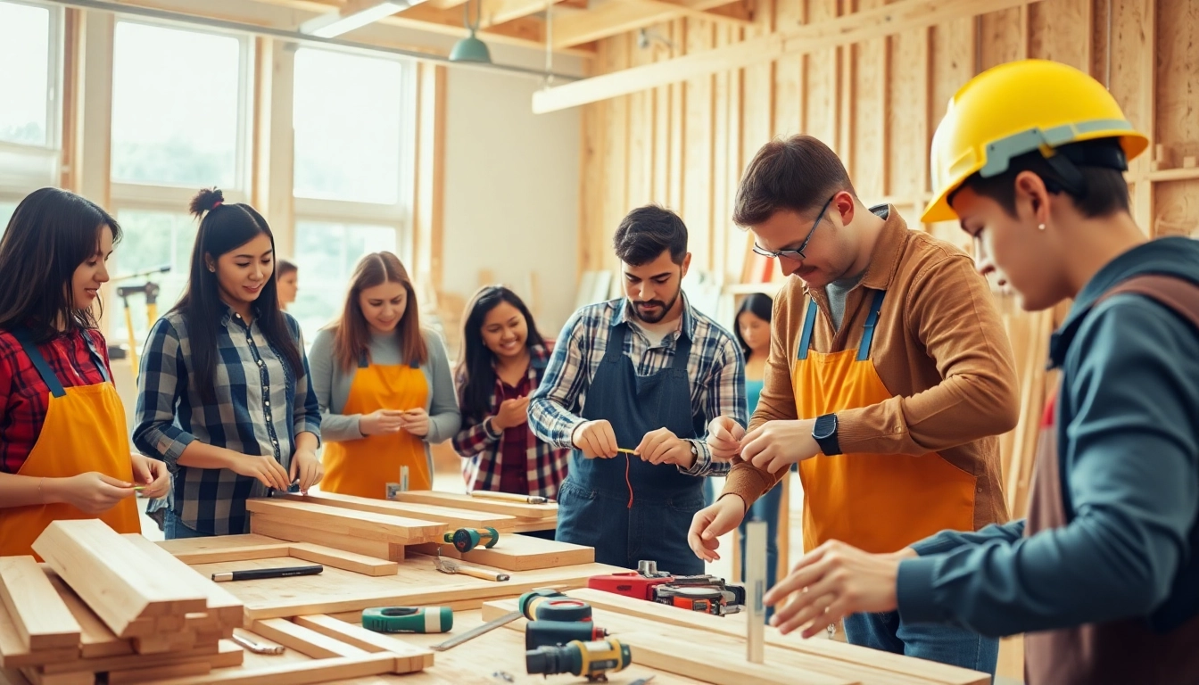 Participants actively engage in construction classes, learning essential skills with hands-on tools.