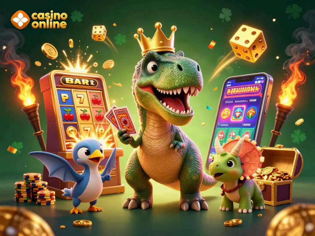 Disfruta de juegos de casino online con una escena vibrante de dinosaurios y símbolos de jackpot.