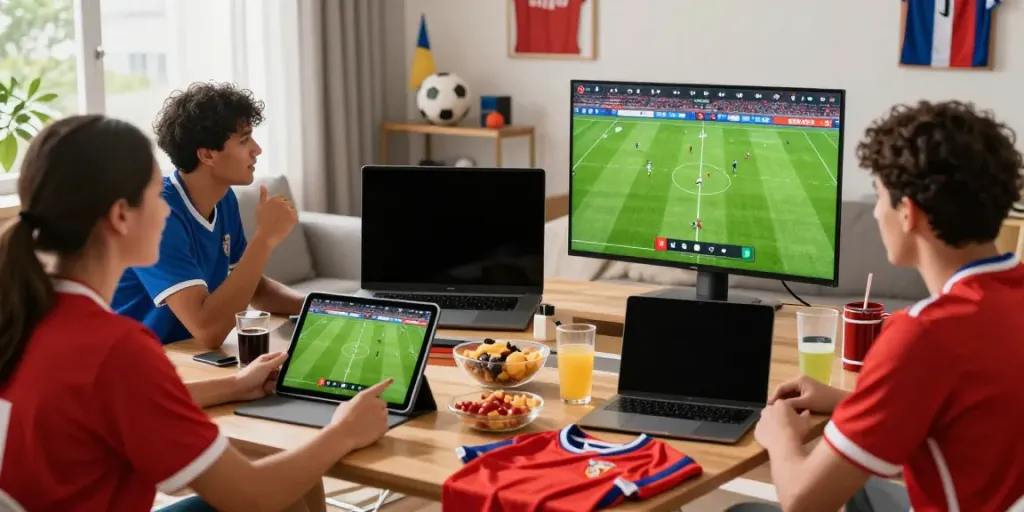 GavangTV viewers enjoying a live football match on multiple devices, showcasing a lively sports atmosphere.
