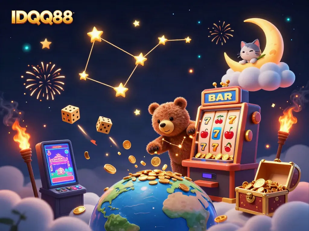 Experience IDQQ88 with vibrant casino scenes filled with jackpots, golden stars, and cosmic companions.