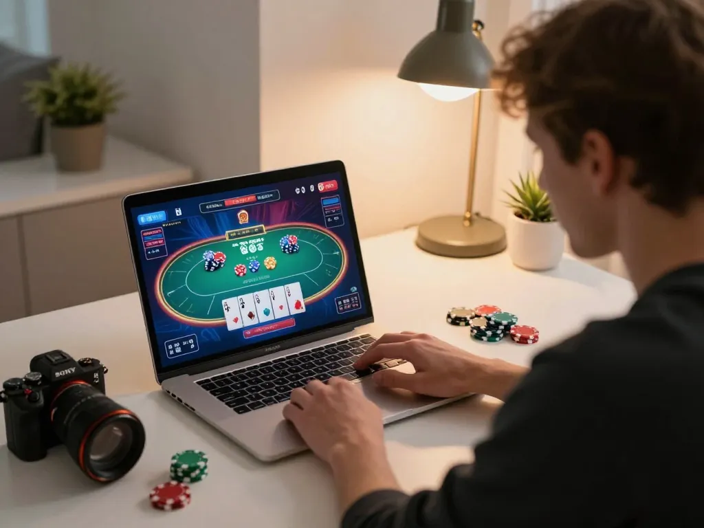 Play poker online at 789 with a focused player engaging in a colorful game on their laptop.
