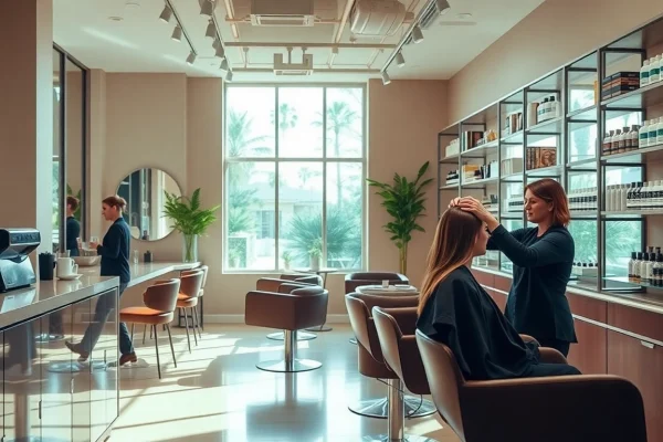 Hair salons san diego showcasing a modern salon interior with stylish decor and a professional stylist at work.