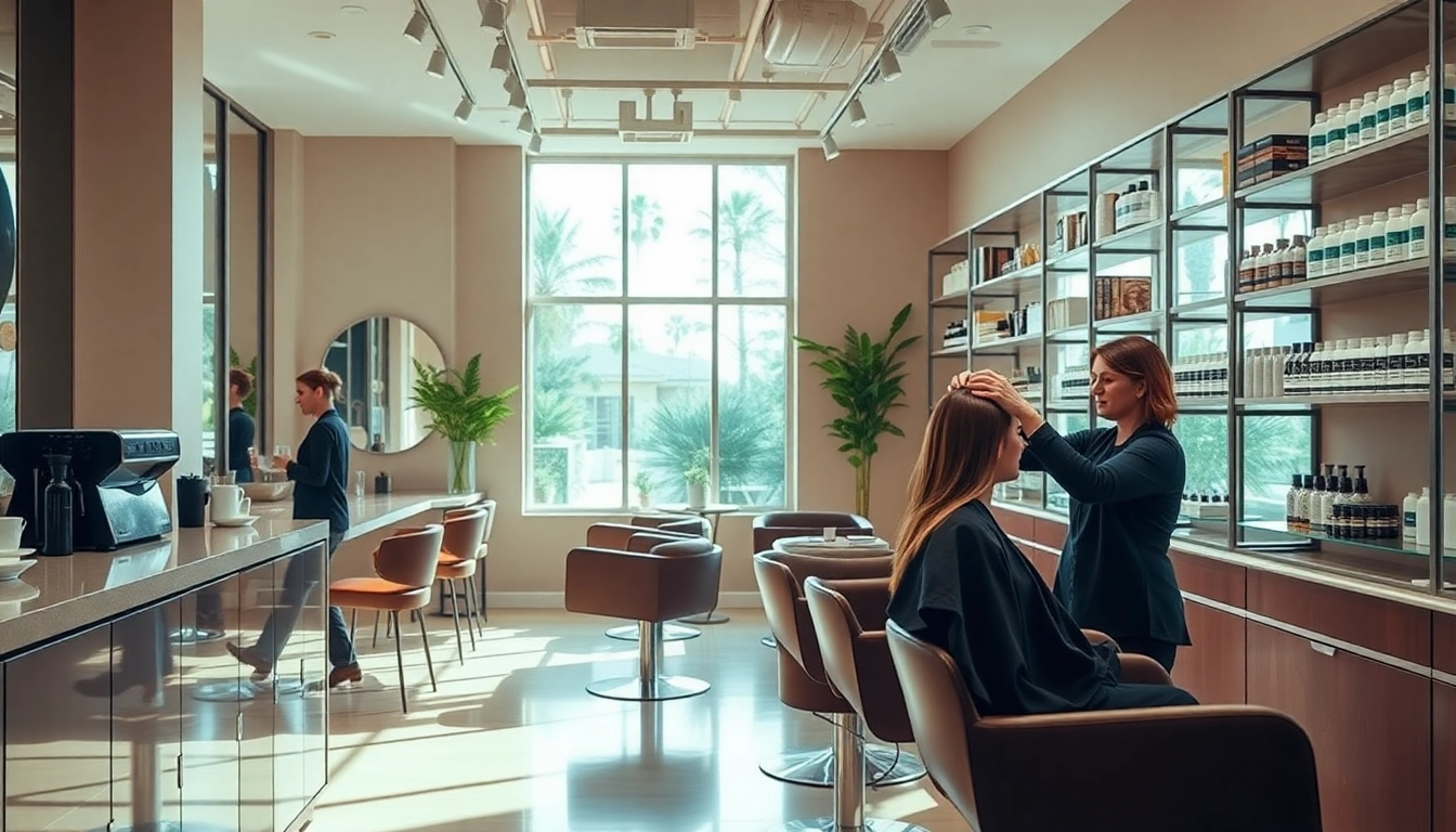 Hair salons san diego showcasing a modern salon interior with stylish decor and a professional stylist at work.