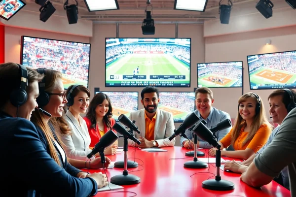 Engaging team in Sports Broadcasting studio discussing live updates.