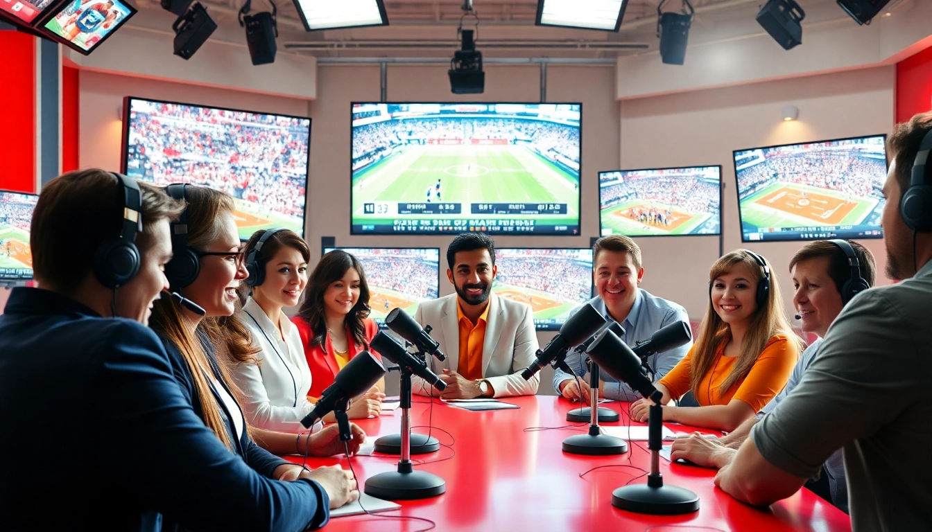 Engaging team in Sports Broadcasting studio discussing live updates.