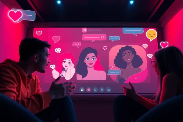 Engaging scene of porn chat AI with animated avatars and dynamic chat interface.