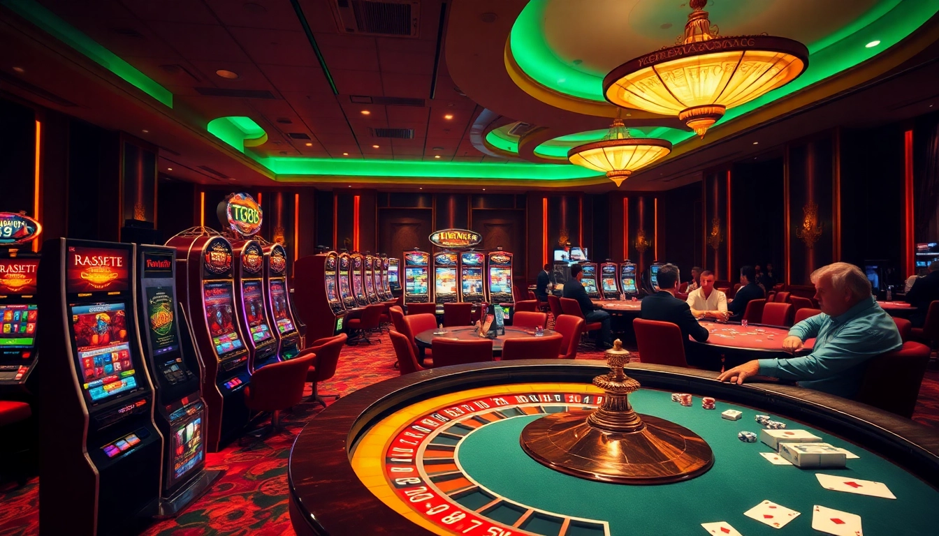 Players enjoying high-stakes action at TG88 casino, showcasing vibrant slot machines and roulette.