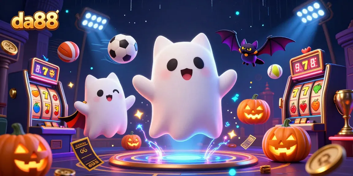 Bet on da88's ghostly gambling experience with vibrant illustrations of a haunted casino.